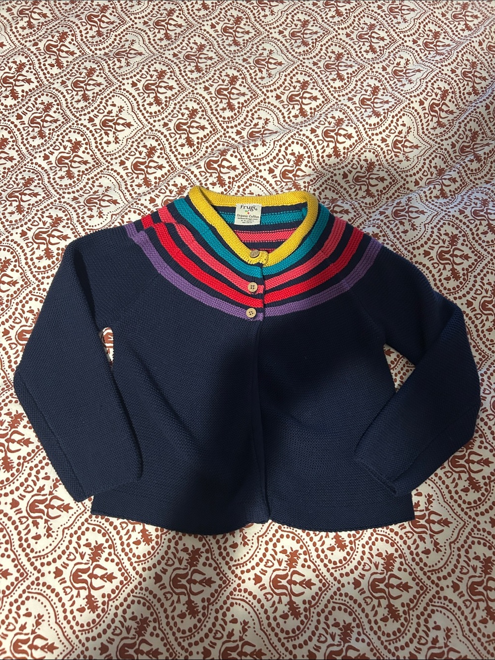 Frugi Organic Cotton Girls' Navy Rainbow Yoke Cardigan